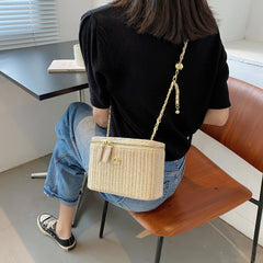 Straw Bucket Crossbody Bag - Fashion Weave Handbag with Chain Chic Shoulder Bags Purses