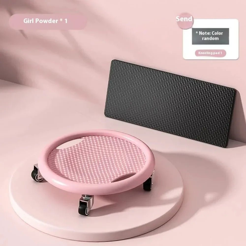 Pink rolling stool on a pink background with a black rectangular object.