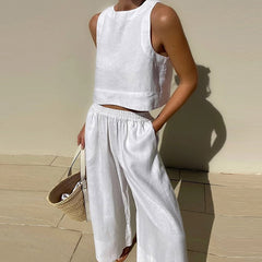 Lounge wear Set Shirt with Pants, 2 Piece Matching Set Cotton Blend Women's Sleeveless Tank Top and High Waist Pants Outfits