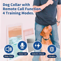 Dog collar with remote call function and 4 training modes displayed on a person and dog.
