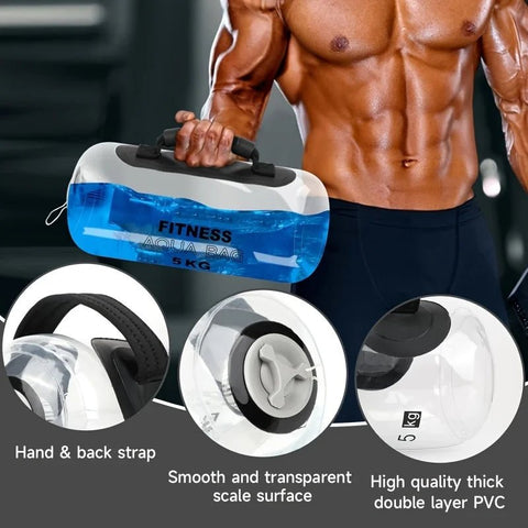 Fitness Aqua Bag with close-up details and a person holding it.