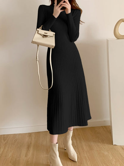 Women Knitted Half High Collar Slim Long Sleeve Party Midi Dress