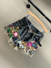 Women's Vintage Y2K Sequin Floral Denim Shorts Distressed Tassel Embroidered Handmade Rhinestone Fringe Denim Shorts