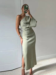 Women's One Shoulder One Sleeve Dress Elegant Backless Side Slit A-Line Midi Dress