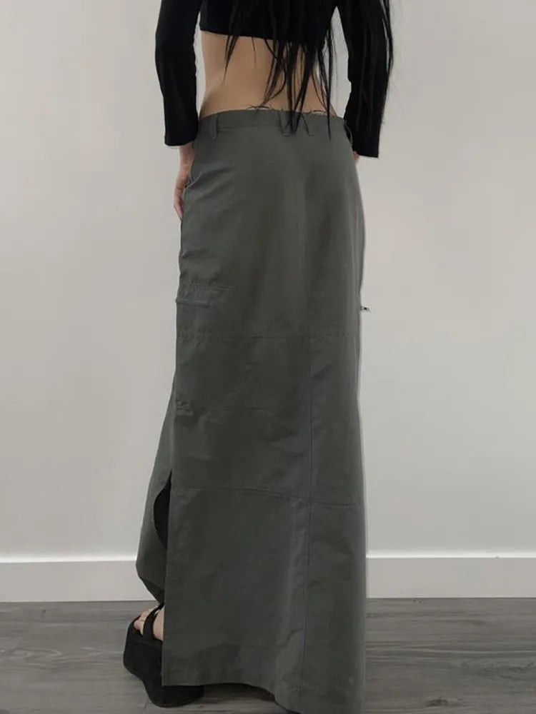 Women's Cargo Long Skirts with Slit Y2K Low Waist Maxi Skirt Retro Grunge Fashion