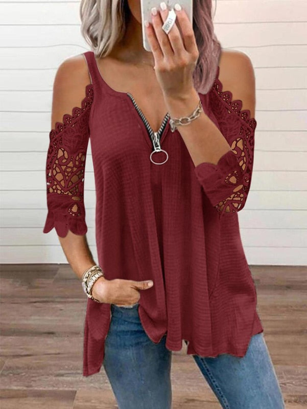 Women's Oversized T-Shirt Cutout Black Lace 3/4 Sleeves Casual V-Neck Tops