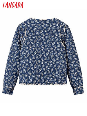 Women's Blue Flower Print Coat Warm Loose Thick Jacket Fall/Winter