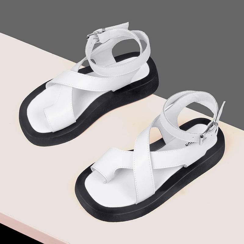 Sandals for Women Genuine Leather Clip Toe Gladiator Style Med Platform Ladies Sandals