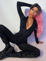 Black Sexy Skinny Jumpsuit for Women Overalls O-Neck Long Sleeve Zipper Sporty Jumpsuit Boutique Fashion Rompers Streetwear