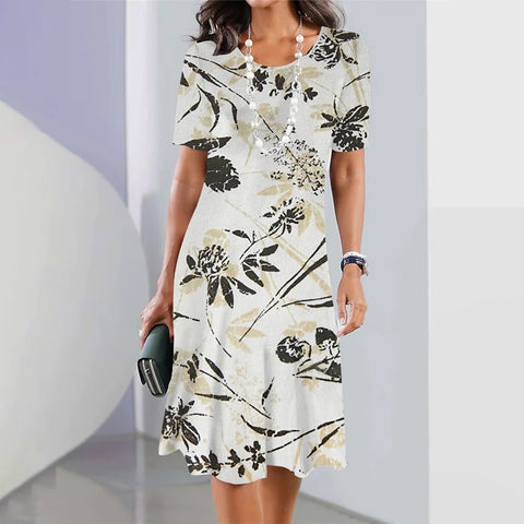 Midi Dress Women Plus Size Short Sleeve O-Neck Floral Print Chic Casual Party Fashion Dress