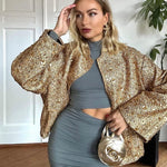 Autumn Sequins Gold Loose Jacket for Women Sparkly Long Sleeve Casual Bomber Jacket with Pockets