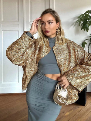 Autumn Sequins Gold Loose Jacket for Women Sparkly Long Sleeve Casual Bomber Jacket with Pockets