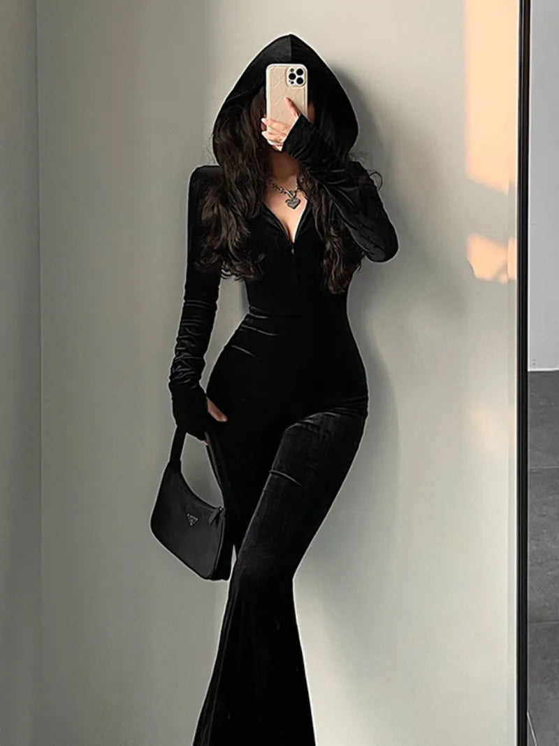 Boutique Fashion Black Velvet Hooded Jumpsuit Long Sleeves Flare Pants Slim Rompers w/ Zipper