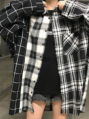 Oversized Plaid Patchwork Shirt Vintage Streetwear Blouse Grunge Punk Retro Shirt