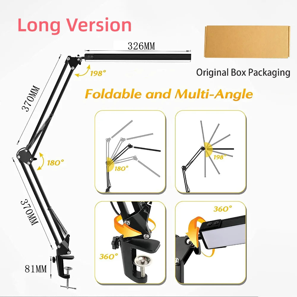 Foldable and multi-angle arm with measurements and packaging details on a white background