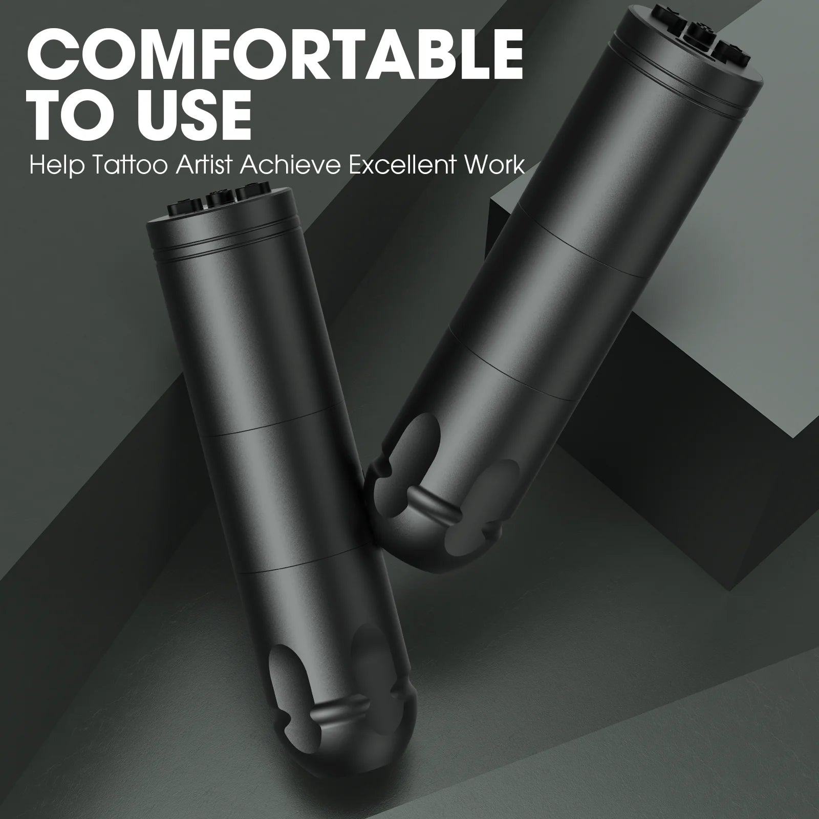 Two black tattoo machine guns on a dark gray background with text about comfort and work quality.
