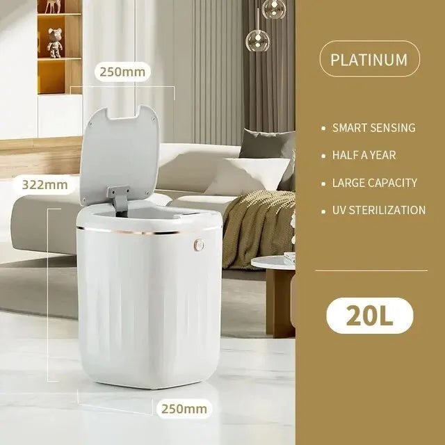White trash bin with dimensions and features listed on a beige background
