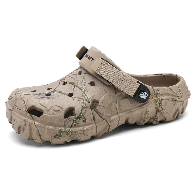 Camouflage clog sandal with a strap on a white background