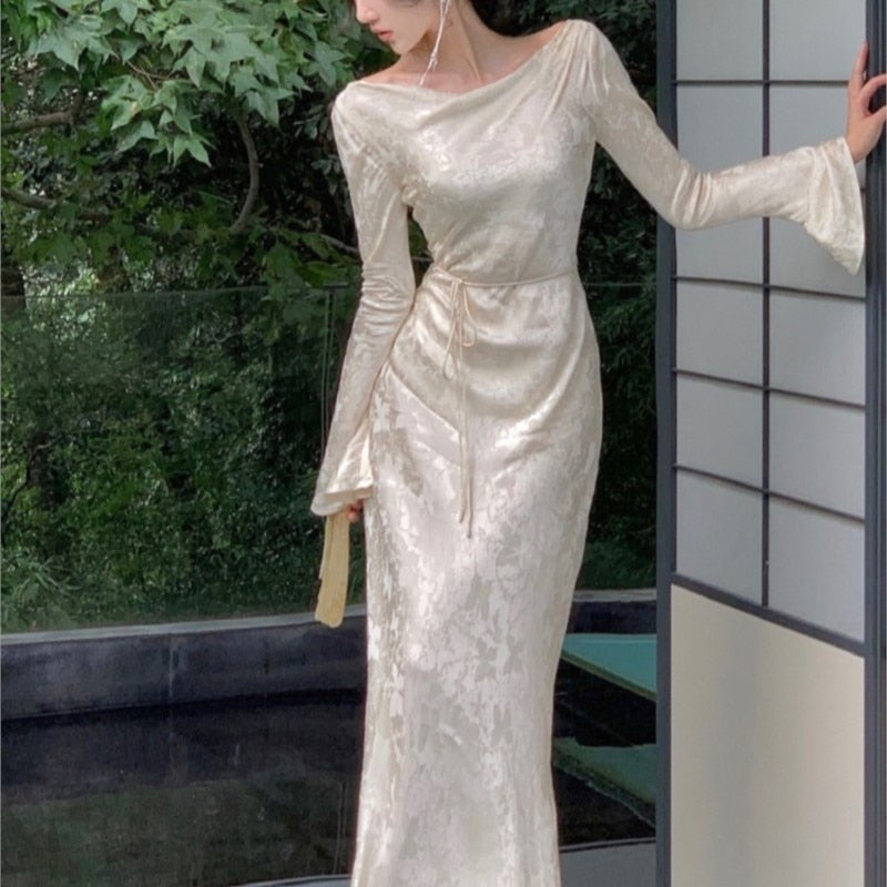 Elegant French Print Evening Party Dresses Long Sleeve Women's Lace-up Slash Neck Maxi Dresses