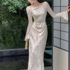 Elegant French Print Evening Party Dresses Long Sleeve Women's Lace-up Slash Neck Maxi Dresses