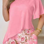 Two Piece Sets, Women's Summer Pink Short Sleeve Button Shirt with Matching Floral Print Shorts