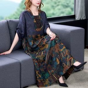 Women's Hepburn Elegant Maxi Dress Black Floral Mulberry Silk Loose Waist Maxi Dress