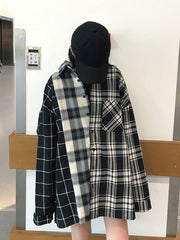 Oversized Plaid Patchwork Shirt Vintage Streetwear Blouse Grunge Punk Retro Shirt