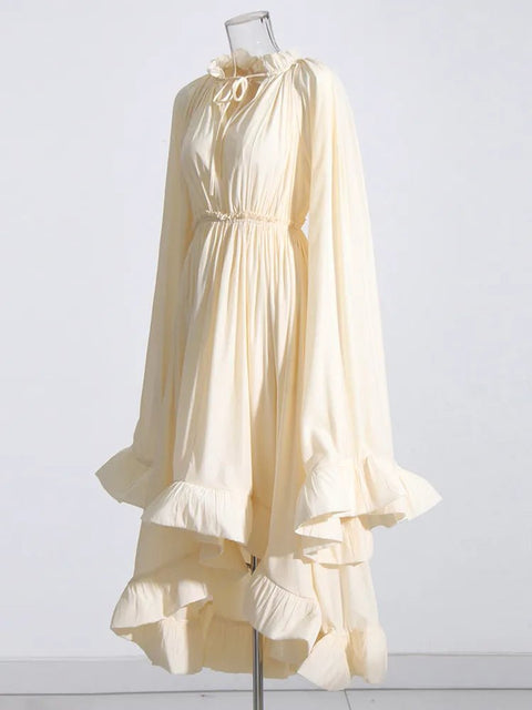 Maxi Dress Women V-Neck Cloak Sleeve High Waist Ruffle Irregular Hem Elegant Casual Summer Dress