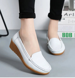 Women's Wedge Heel Shoes New Leather Slip On Loafers Casual Flats