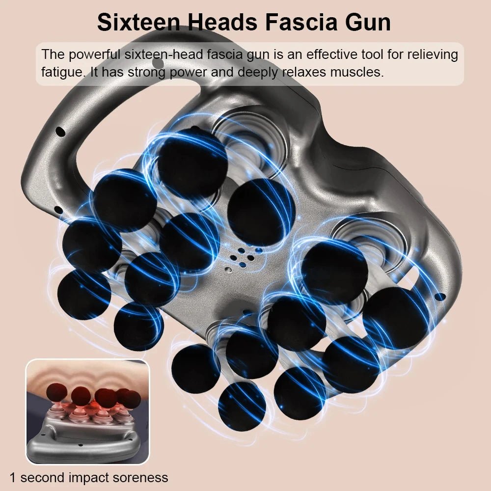 Sixteen Heads Fascia Gun with text on a beige background