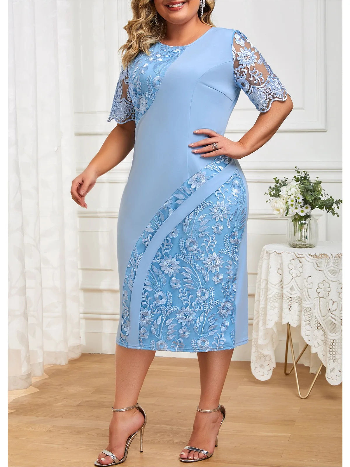 Elegant Plus Size Floral Patchwork Bodycon Evening Dress