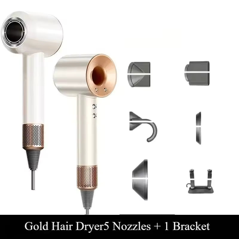Gold hair dryer with various nozzles and a bracket on a white background