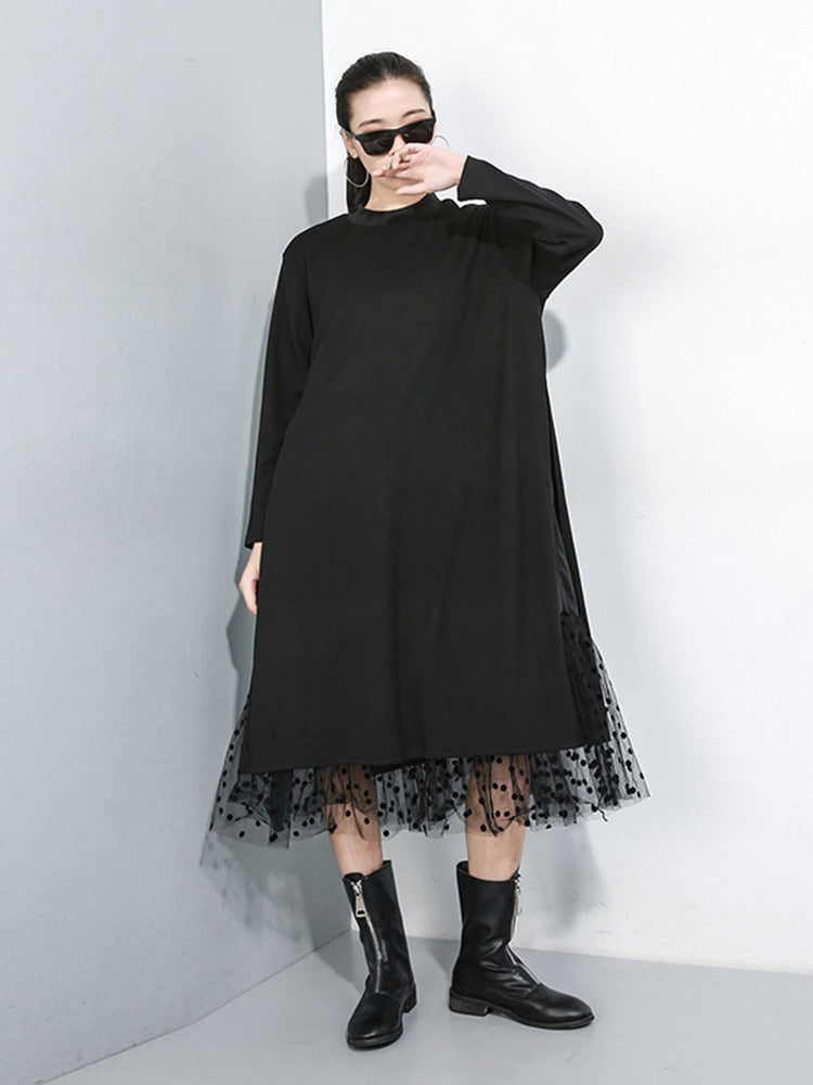 Black Mesh Dot Split Joint Loose Fit Dress Round Collar Long Sleeve Loose Fit Fashion