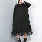 Black Mesh Dot Split Joint Loose Fit Dress Round Collar Long Sleeve Loose Fit Fashion