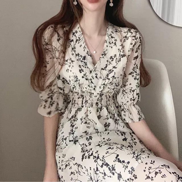 Vintage Summer Spring Women's Dress Slim Elastic Waist A Line V Neck Elegant Office Dress Floral Print Chic Chiffon Long Dress