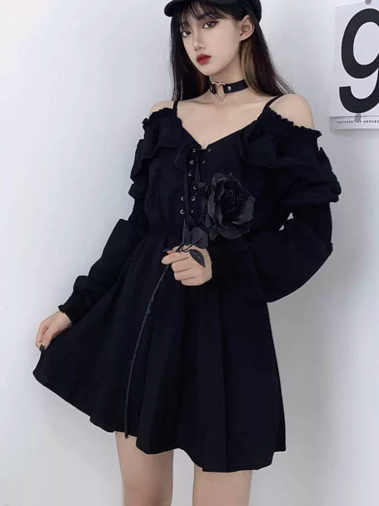 Plus Size Women's Gothic Black Mini Dress Sexy Off Shoulder High Waist Vintage Party Dress Long Sleeve V Neck Dress