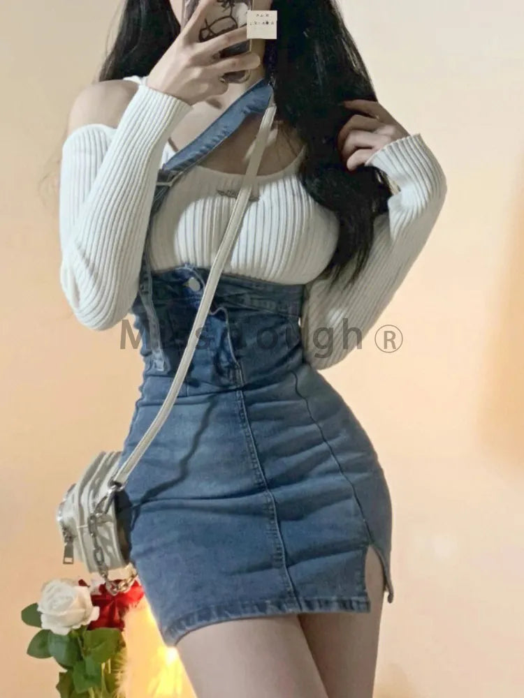 Blue Vintage Knitted Two Piece Skirt Set for Women Sexy Denim Party Mini Skirt with Knitted  Long Sleeve Top