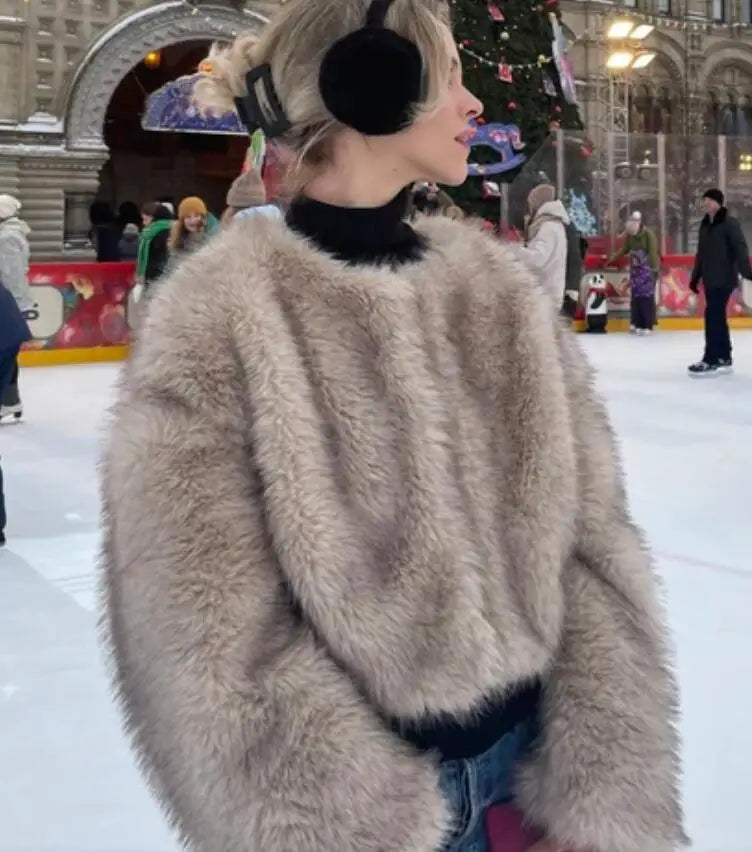 Fluffy Faux Fur Coat grey