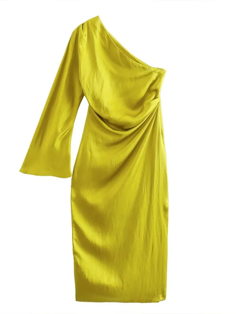 Women's One Shoulder One Sleeve Dress Elegant Backless Side Slit A-Line Midi Dress