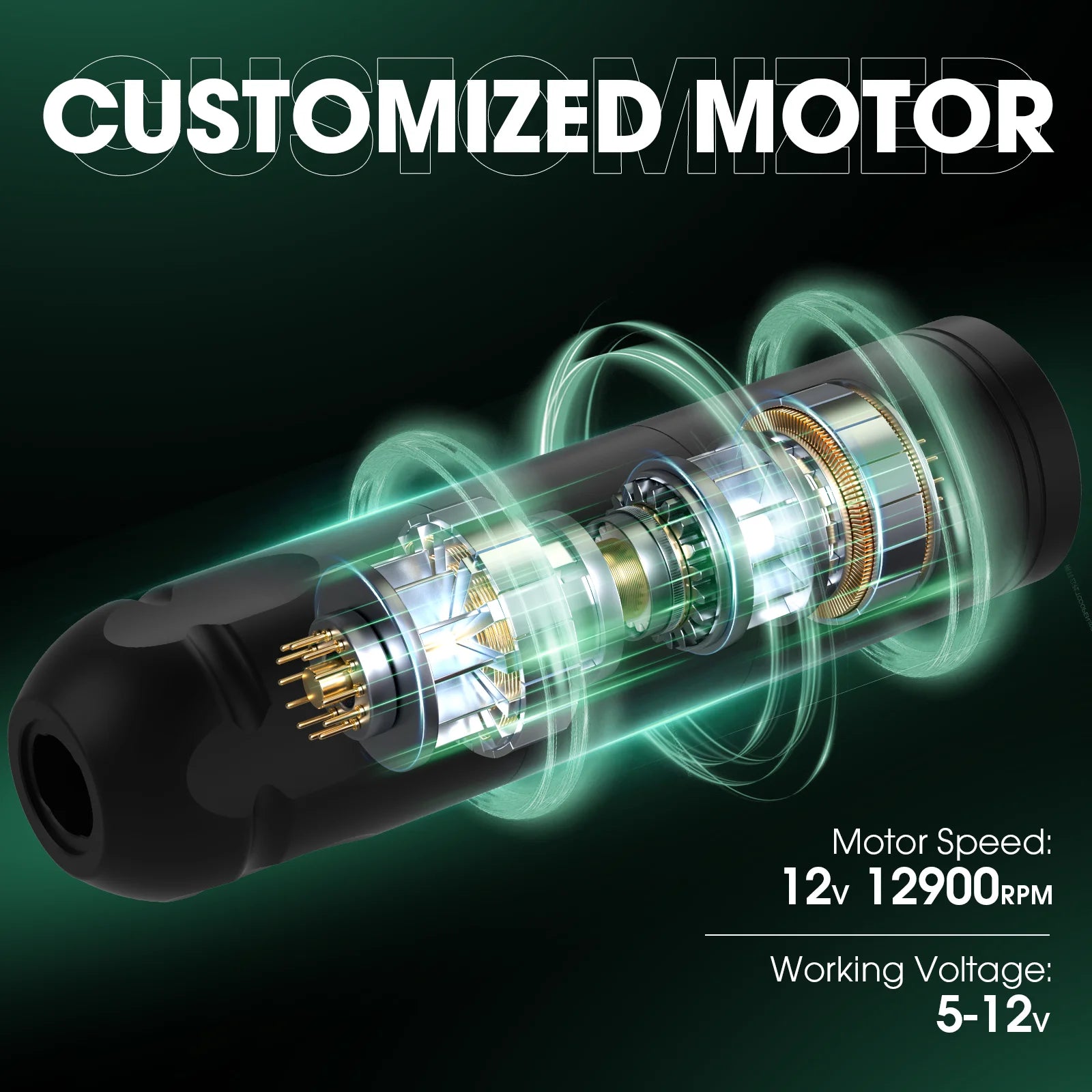 Detailed view of a customized motor with technical specifications on a dark background