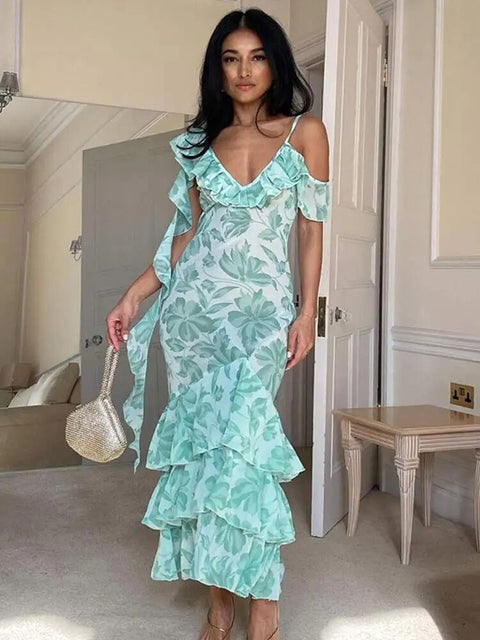Floral Midi Dress Women Smocked Ruffle Vintage Sleeveless Spaghetti Strap Tiered Slim Prom Evening