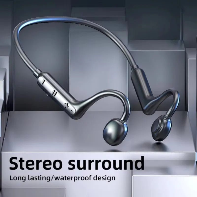 Wireless earbuds with 'Stereo surround' and 'Long lasting/waterproof design' text on a gray background