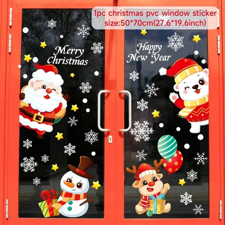 Christmas-themed window stickers with Santa Claus, polar bear, snowman, and reindeer on a black background.