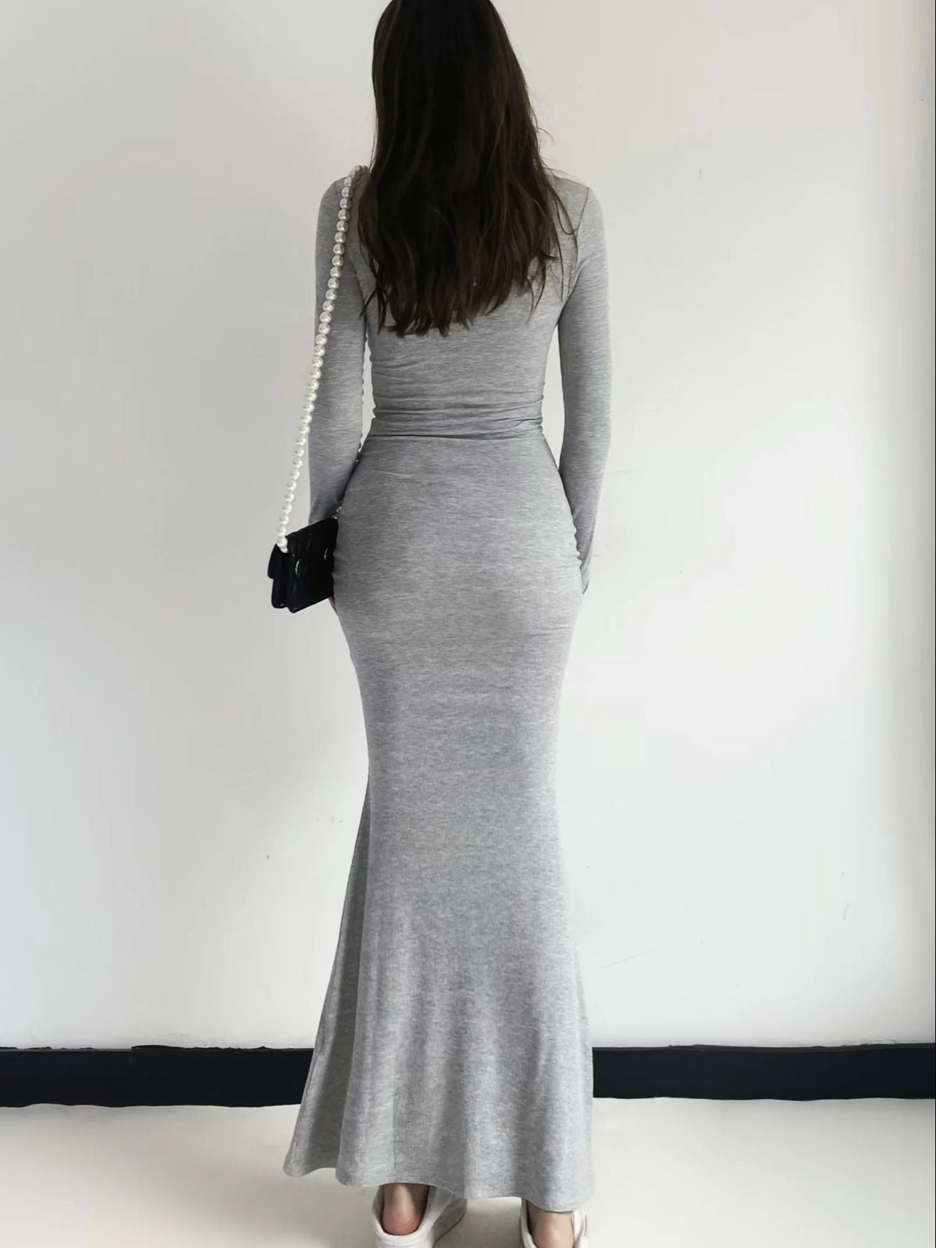 Square Collar Knitted Mermaid Maxi Dress Women Cotton Long Elegant Cas