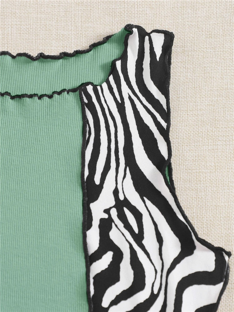 Women's Zebra Stripe Graphic Patchwork Rib Knit Crop Top Vest Y2K Sleeveless Tank Tops