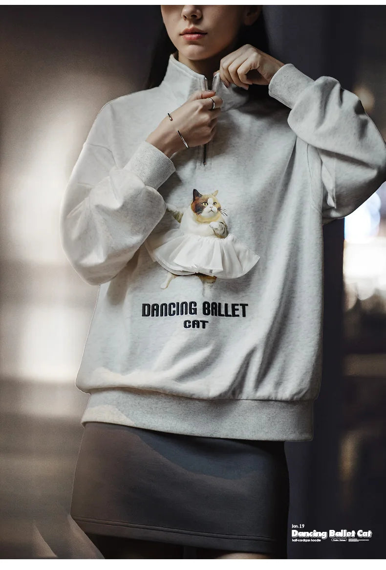 Dancing Ballet Cat Half-Cardigan Cartoon Sweatshirt Stand Collar Casual Loose Top Long Sleeve Pullover Light Gray Sweat Top