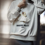 Dancing Ballet Cat Half-Cardigan Cartoon Sweatshirt Stand Collar Casual Loose Top Long Sleeve Pullover Light Gray Sweat Top