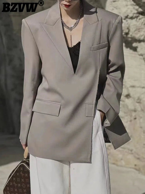 Blazer Women V-Neck Long Sleeve Solid Color Medium Length Pocket Split Elegant Office Suit Jacket