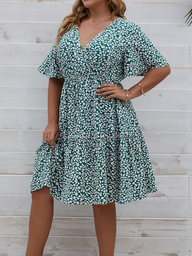 Plus Size Dress for Women Summer V-Neck Short Sleeve Floral Print Casual Dress