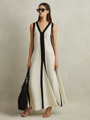 Elegant Patchwork Loose Maxi Dress Sexy Deep V-Neck Sleeveless Summer Dress